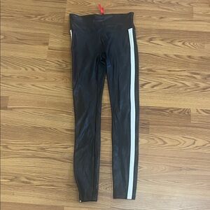 Spanx Black leather look Leggings with White Stripe small